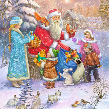 ...and one for you, too, dog, animal, winter, children, craciun, art, illustration, gift, veverita, copil, bunny, christmas, vitaly dudarenko, santa, squirrel HD wallpaper