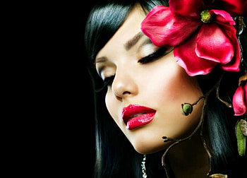 Beauty, black, model, girl, anna subbotina, woman, make-up, flower, lipstick, face, orchid, lips HD wallpaper