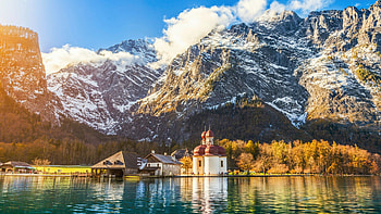 Lake Koenigssee, Bavarian Alps, clouds, germany, trees, landscape, sky, church, mountains HD wallpaper