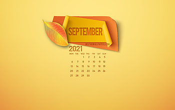 September 2021 Calendar, yellow background, 2021 autumn, September, autumn leaves, autumn concepts, 2021 calendars, autumn paper elements, 2021 September Calendar HD wallpaper