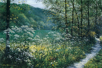 Thames Bank, beauty, dirt road, painting, trees, nature, flowers, mountains, water HD wallpaper