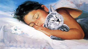 my little friend, cats, painting, animals, child HD wallpaper
