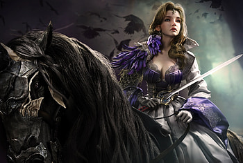 Fantasy girl, blue, horse, sword, fantasy, luminos, girl, cal, warrior HD wallpaper