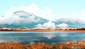 Landscape, Houses, Art, Mountains, Lake, Small Houses HD wallpaper