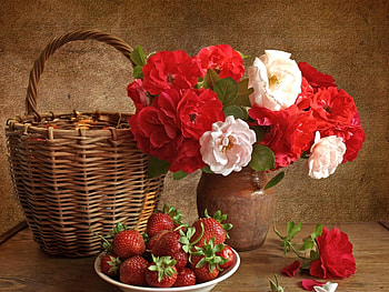 Landscape, Flowers, Strawberry HD wallpaper