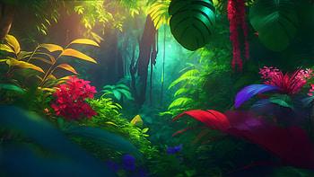 Colorful Jungle, colorful, jungle, forest, bird, tree HD wallpaper