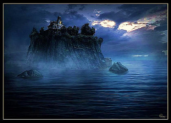 Rosecliff island, mist, blue, island, clouds, castle, water HD wallpaper