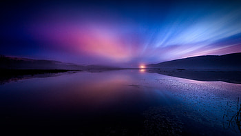 Sunset, reflections, nature, blue-pink sky HD wallpaper