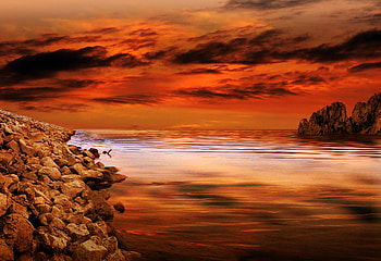 oceans sunset in orange, oceans, red, sky, nature, orange, water, sunset HD wallpaper
