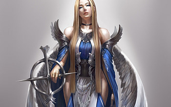Angel, blue, wings, blonde, fantasy, game, girl, woman HD wallpaper