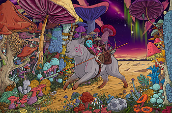 Art, Mashrooms, Multicolored, Motley, Dog, Warrior, Horseman, Rider HD wallpaper
