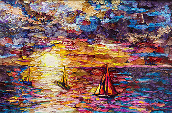 Sea, ships, sunset, colorful, artwork, texture HD wallpaper