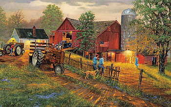 Americas Heartland, barn, painting, fence, trees, sky, tractor, people, evening HD wallpaper