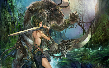 Beauty And The Beast, river, swords, fantasy, beast, woman HD wallpaper