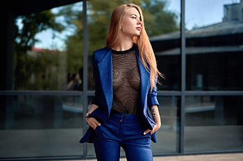 Blonde in Blue, blue, model, blonde, pants HD wallpaper