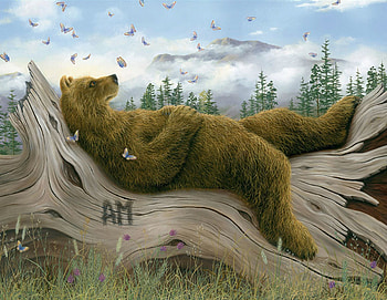 Sleeping, fantasy, painting, bear, butterfly, urs, art, pictura, sleep, robert bissell HD wallpaper