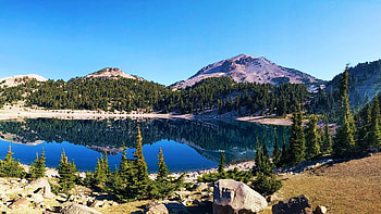 Lassen National Volcanic Park, Lake Helen, california, trees, sky, stones, mountain, usa HD wallpaper