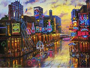 Beale Street, Memphis, artwork, buildings, rain, clouds, sky HD wallpaper