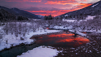 Zelenci Springs, Slovenia, winter, hills, snow, colors, landscape, sky, sunset, stream, trees HD wallpaper