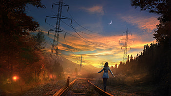 Girl Dog On Railroad, girl, dog, moon, artist, artwork, deviantart HD wallpaper