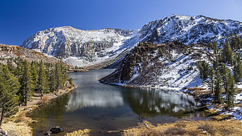 Lake Ellery, Sierra Nevada, California, snow, trees, landscape, sky, mountains, water, usa, reflections HD wallpaper