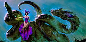 The giant snake, art, green, girl, giant, lightbox, dark, blue, snake, purple, fantasy HD wallpaper