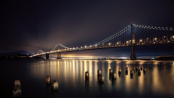 san francisco, night, bridge, city, lights, river HD wallpaper
