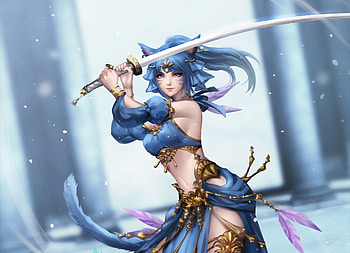 Sword fighter, blue, white, fantasy, girl HD wallpaper