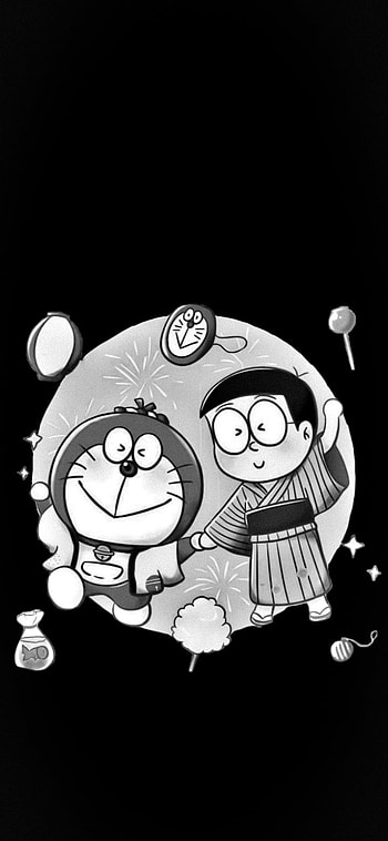 Doremon & nobita B&W, art, organism HD phone wallpaper