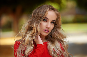 Blonde, girl model, portrait, red dress HD wallpaper