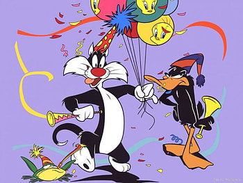 Sylvester and Daffy Duck, party, balloons, daffy duck, sylvester, frog HD wallpaper