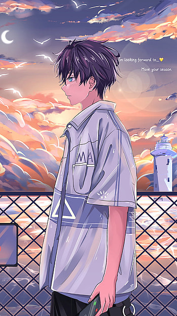 Anime boy, cloud, crescentmoon, love, sky, lighthouse, season HD phone wallpaper