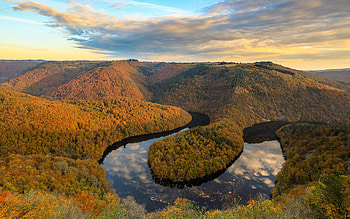Sioule, river, evening, sunset, forest, beautiful river, valley, France, river Allier HD wallpaper