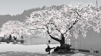 Anime - Original Original (Anime) Tree Sakura Blossom Guitar School Uniform Skirt Short Hair HD wallpaper