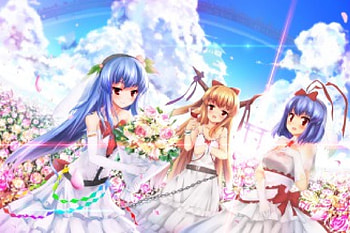 Let's Celebrate!!!, Suika Ibuki, scenery, anime, touhou, clouds, girls, flowers, sky, brides, Iku Nagae HD wallpaper