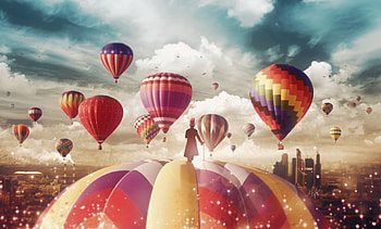Magician, hot air balloons, ride, fantasy, surreal HD wallpaper