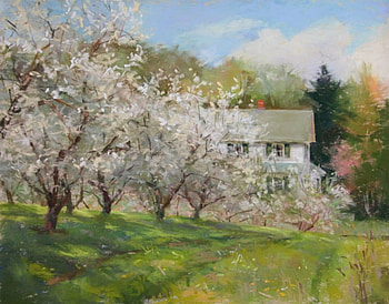 orchard spring, orchard, spring, painting, blossoms HD wallpaper