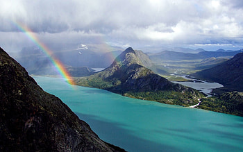 Landscape, Nature, Rivers, Sky, Mountains, Clouds, Rainbow, Shore, Ocean, Land, Relief, Shores HD wallpaper