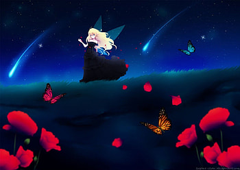 Fairy, night, blond hair, blonde, comet, cute, floral, long hair, beauty, nice, shooting star, butterfly, wing, petals, flower, blonde hair, female, sexy, wings, sweet, blond, hot, girl, beautiful, star, anime girl, anime, pretty, sky, lovely, ice HD wallpaper