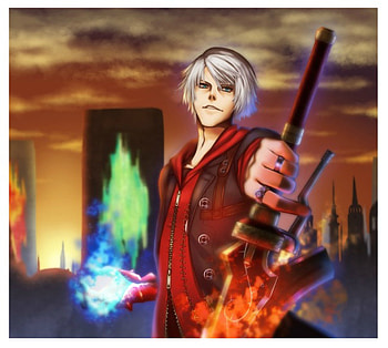 Nero, games, devil may cry 4, dmc, lone, devil may cry, short hair, trench coat, male, silhouette, sunset, sword, blue eyes, weapons, dmc4, anime, hood jacket, white hair, cool, video games, sky, solo HD wallpaper