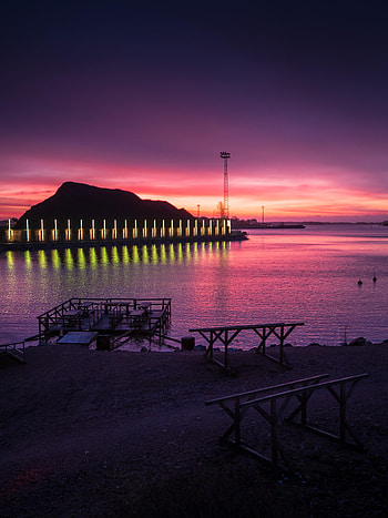 Nature, Sunset, Mountains, Coast, Pier, Glow HD phone wallpaper