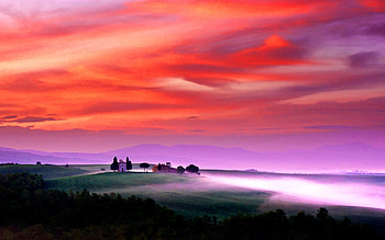 BURNING SUNSET, fog, landscape, clouds, sky, sunset HD wallpaper