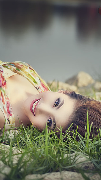 smile, dress, grass, woman, asian HD phone wallpaper