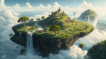 Flying Island Fantasy Landscape, flying island, floating island, fantasy landscape, castle, waterfall HD wallpaper