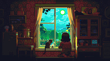 After The Rain, girl, cat, sunset, room, books, window, artist, artwork, art, digital-art, artstation HD wallpaper