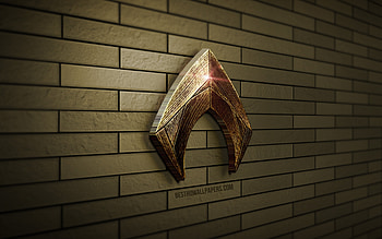 Aquaman 3D logo, , brown brickwall, creative, superheroes, Aquaman logo, 3D art, Aquaman HD wallpaper