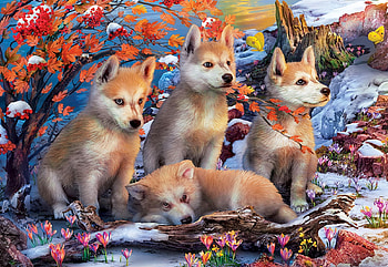 The Young Pack, artwork, painting, wolves, pups, snow, spring, crocuses HD wallpaper