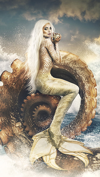 Gemma Tardiani, white hair, octopus, manipulation, model, fantasy, mermaid HD phone wallpaper