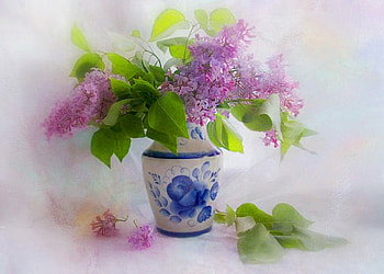 Mist, purple, green leaves, lilacs, flowers, blue and white vase, misty HD wallpaper