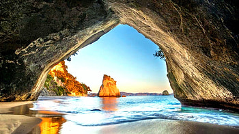 Cathedral Cove Sunrise, sea, sand, beautiful, rocks, sunrise, beach, New Zealand, cave, mountains HD wallpaper
